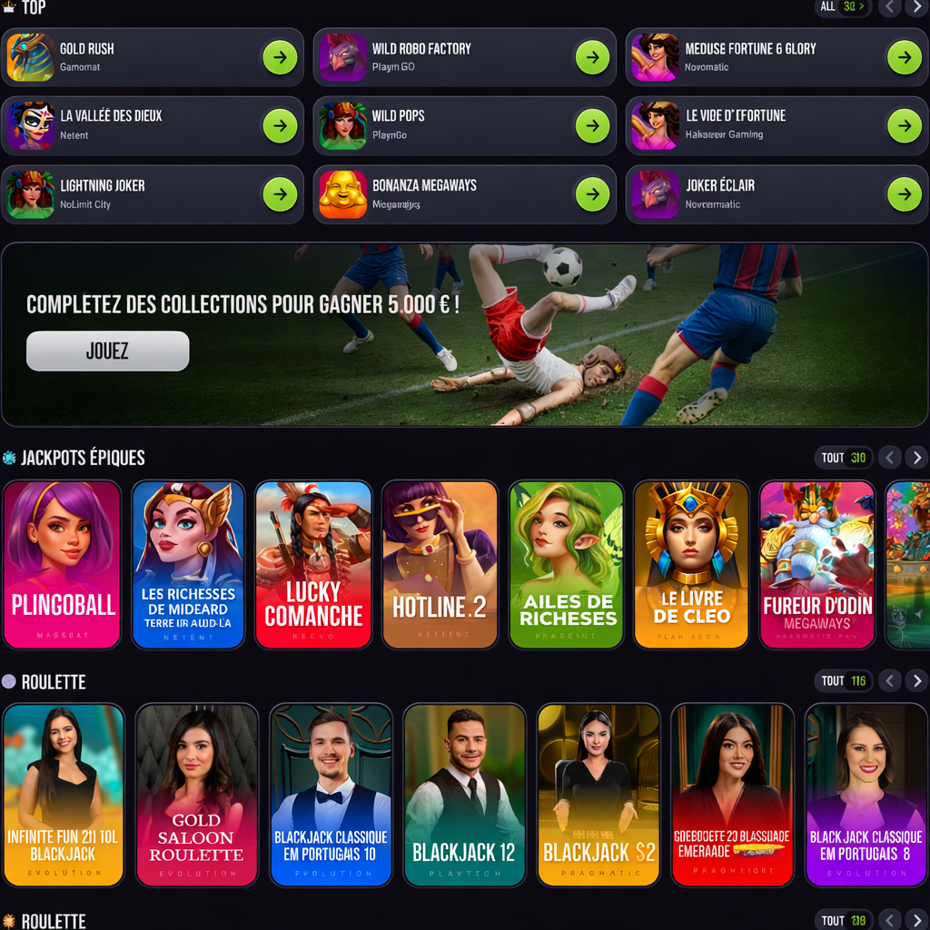 Casino website displaying a variety of games, including slots, table games, and live dealer options